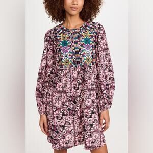 NEW Figue Lucie Mini Shift Dress Womens Small Multi Color Puff Sleeve Cotton